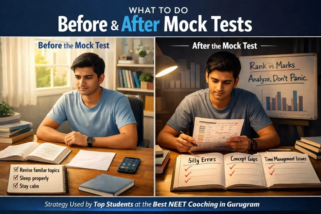 Student preparing for NEET showing what to do before and after mock tests, including revising familiar topics, sleeping properly, staying calm, and analyzing rank vs marks, silly errors, concept gaps, and time management issues at the Best NEET Coaching in Gurugram.