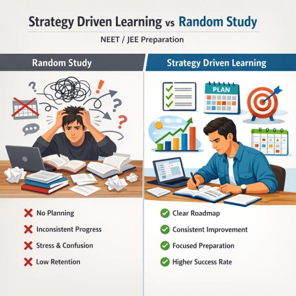 Strategy driven vs random study for NEET JEE preparation showing how students who scored 650 in NEET succeed with planning and focus.